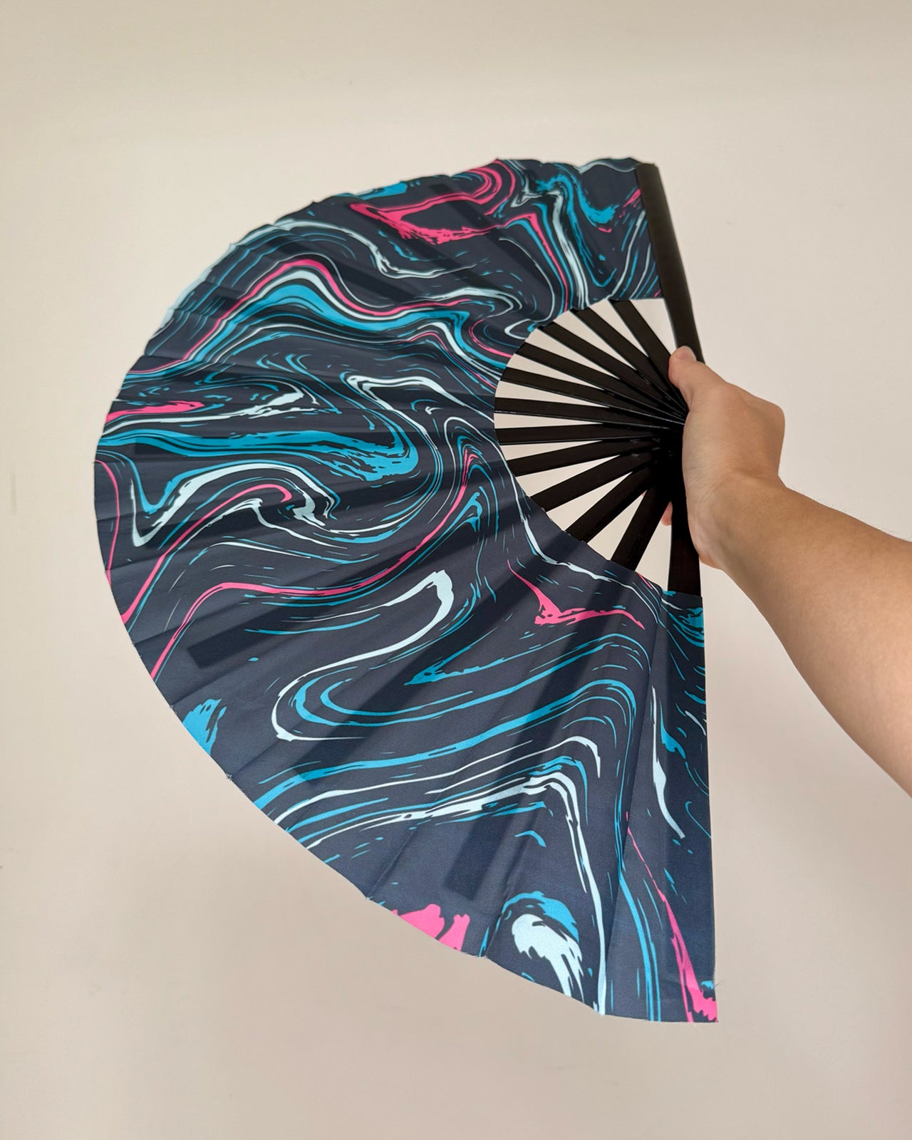 Electric Eden cyberpunk reflective folding hand fan with circuit-inspired design