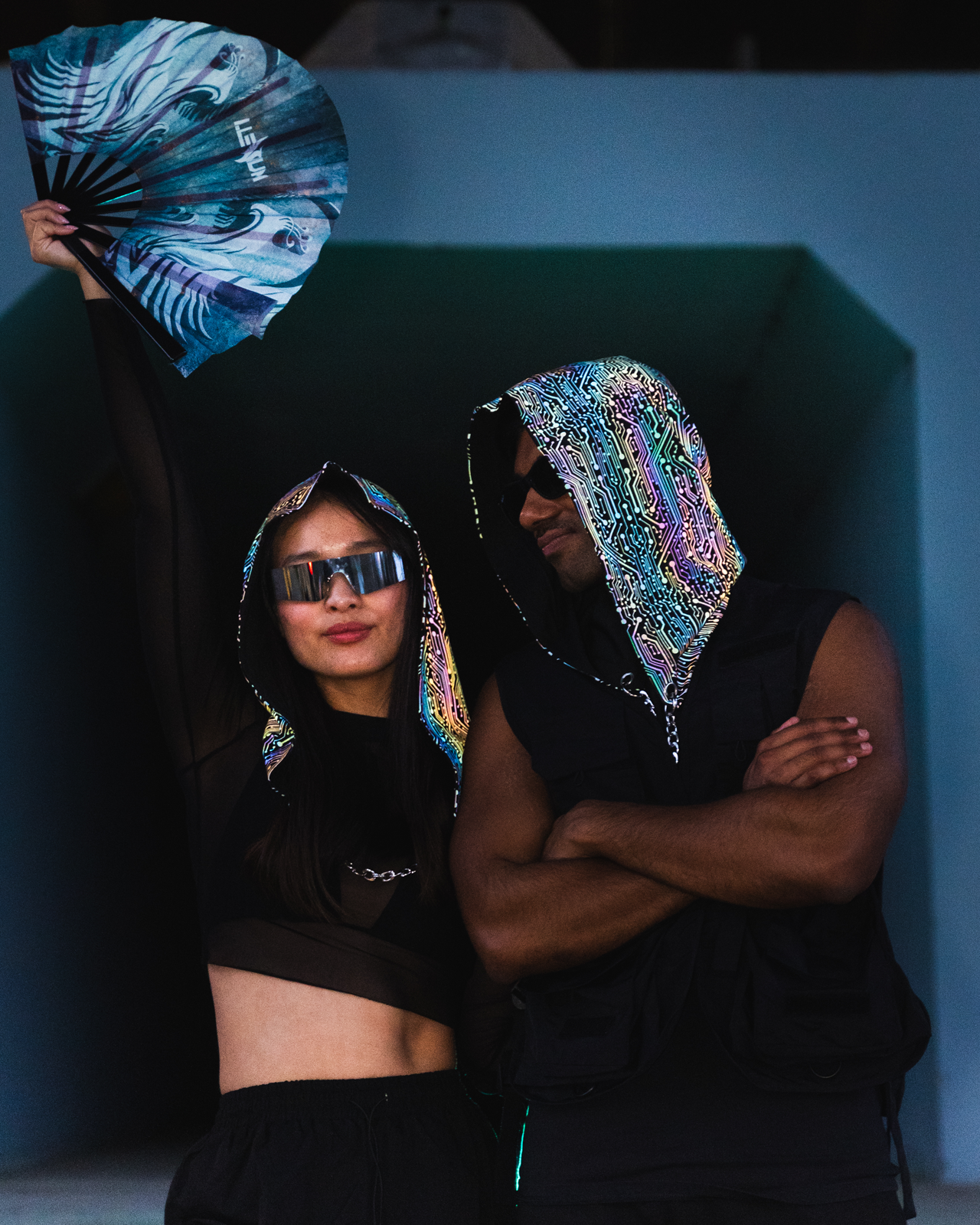 Couple rave outfit Reflective cyberpunk hoodie by Electric Eden, perfect for rave wear